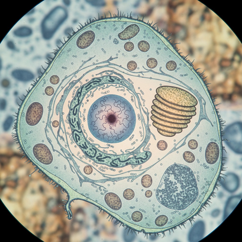 Eine detaillierte Illustration zeigt den Querschnitt einer Zelle mit Zellkern, Mitochondrien und weiteren Organellen unter dem Mikroskop.